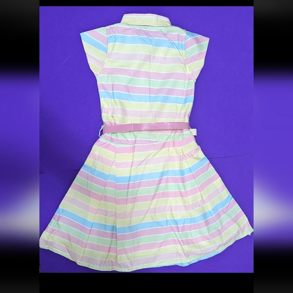 Girls Easter Striped Pleted Belted Button Rainbow Casual Knee Length Middy Dress - Picture 2 of 2